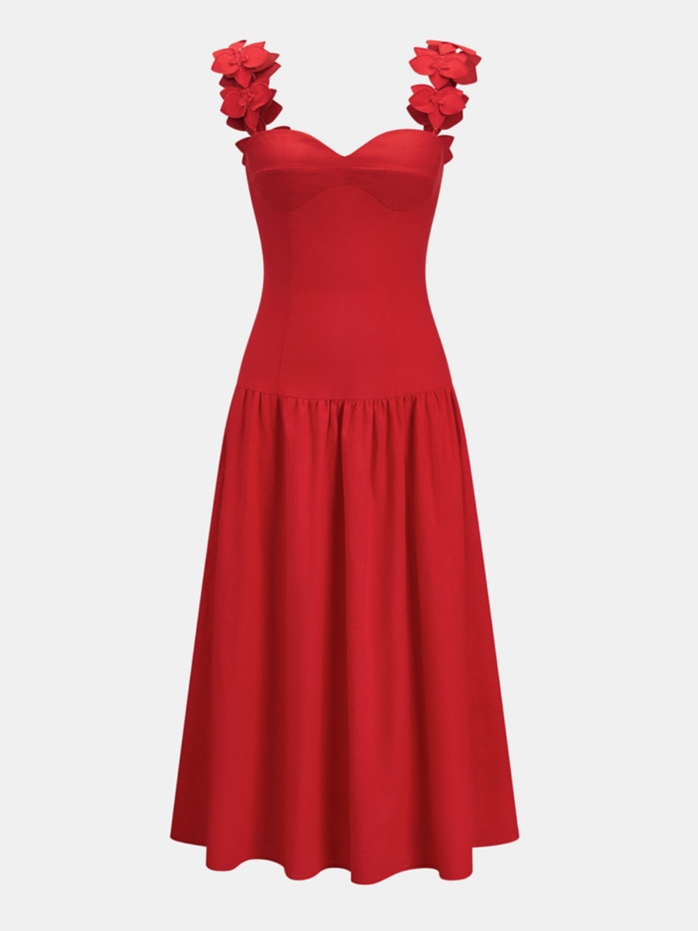 Commense Flower Strap Cotton Linen Midi Drop Waist Red Dress Size Medium NEW